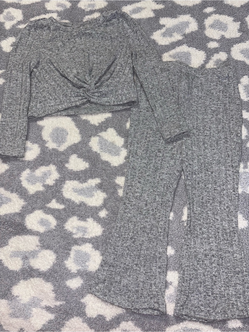 Gray Ribbed Knit Two-Piece Set - Crop Top & High Rise Flare Leg Pants Toddler 3Y